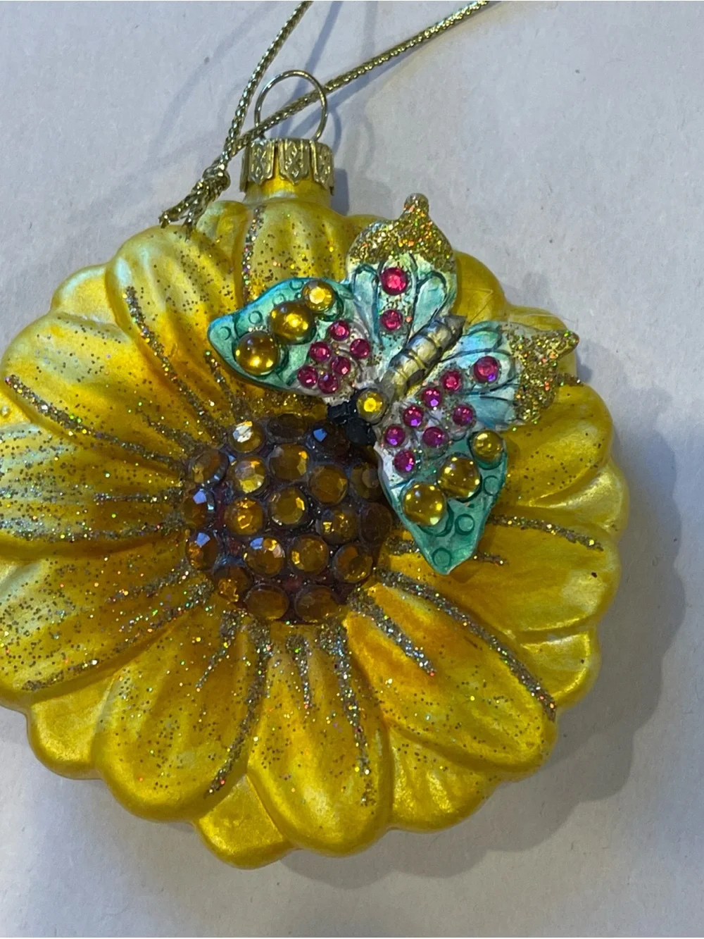 Handblown Glass  Butterfly On A Flower Christmas Ornament